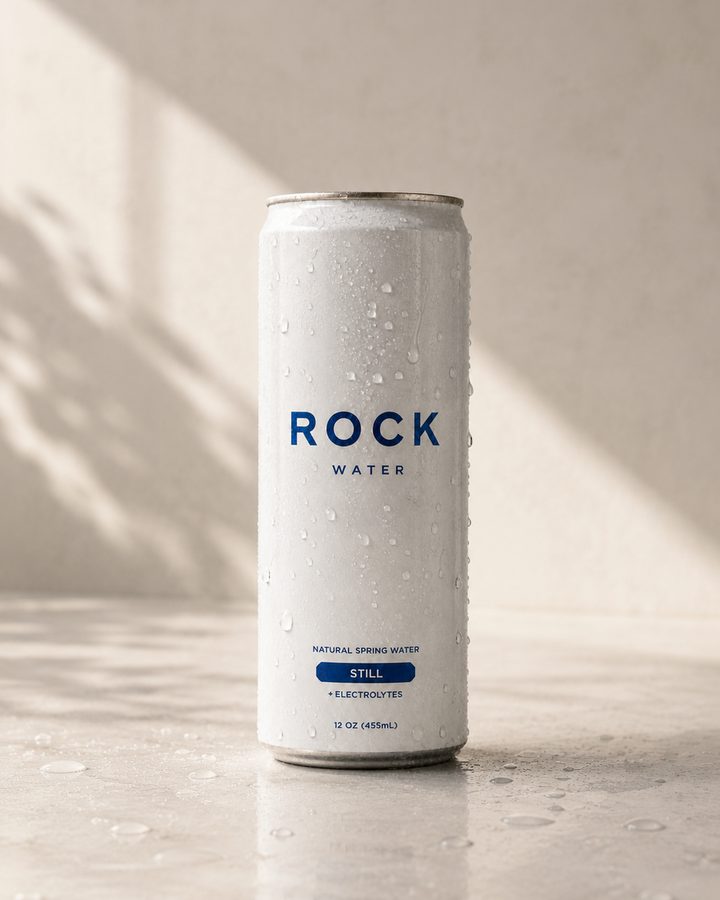 A can of ROCK spring water with electrolytes